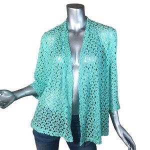 Southern Lady Small Open Front Knit Cardigan Lightweight Teal Blue Green Crochet